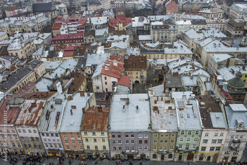 Colorful houses in the city center, Lviv, Ukraine