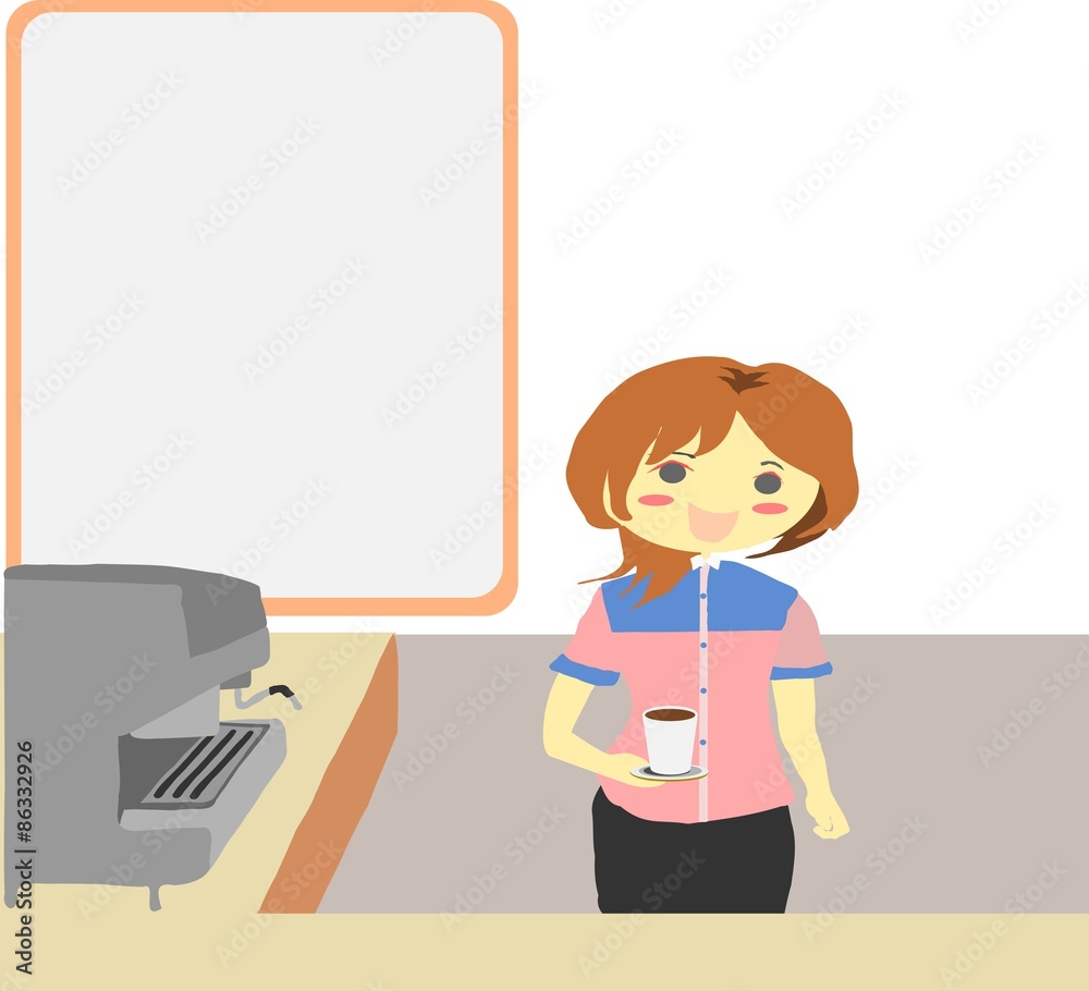 barista with coffee cup in her hand and blank board barista with coffee cup in her hand and blank board