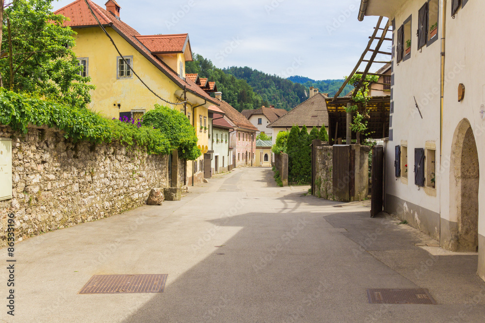 European quiet village street on a sunny day.