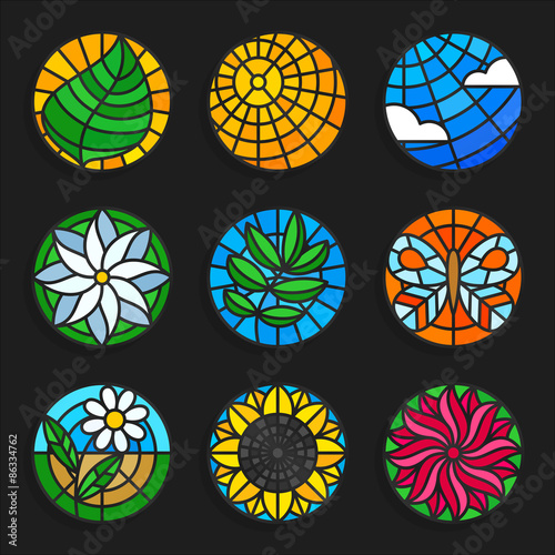 Set of stained glass summer icons - Stock vector illustration.
Nature vector icons in stained glass style. Sun, sky, flowers, leafs etc. Round shape.