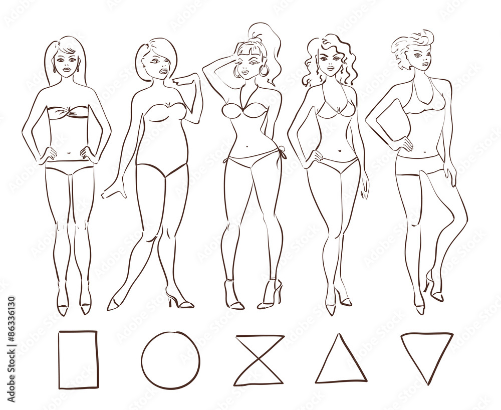 Sketch set of isolated female body shape types. Stock Vector