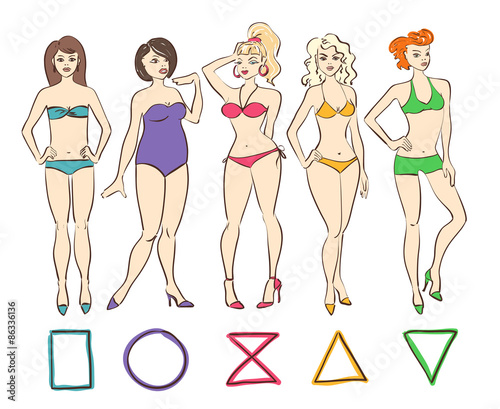 Colorful set of isolated female body shape types.
