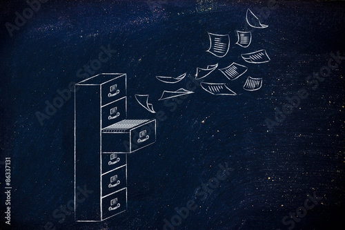 file cabinet with business documents flying into or out of it