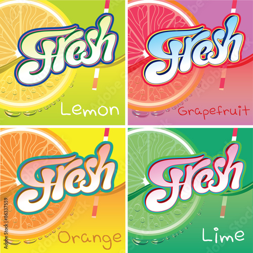 set of labels with fruit and fresh juice