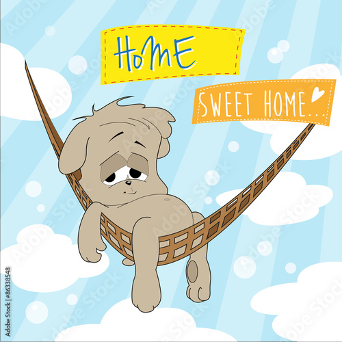 Sweet home – vector illustration. Cute puppy lazes in a hammock and feels good, almost feels like in Paradise.