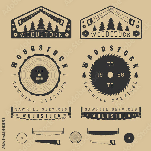 Set of vintage sawmills labels, emblems, logo, badges and design elements
