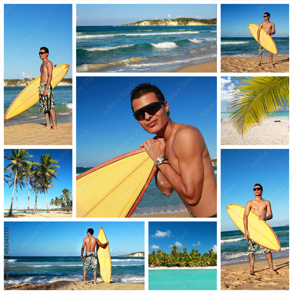 Collage with surfer on tropical beach