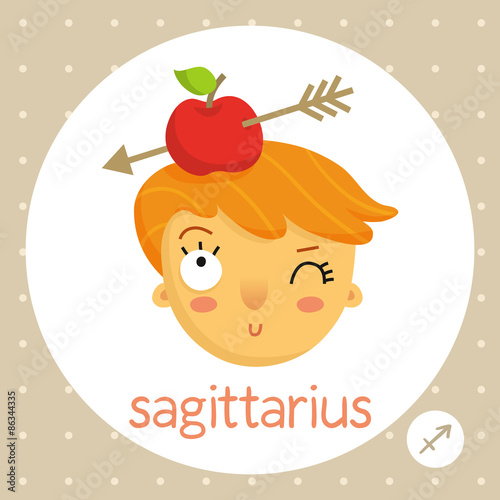 Sagittarius zodiac sign, girl with apple on head pierced by arrow