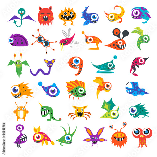 big vector set of cartoon cute monsters and aliens.