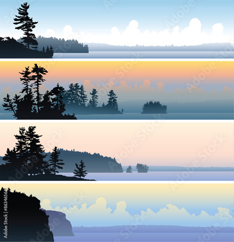 Wilderness landscape banner illustrations of northern lakes and forests in silhouette.