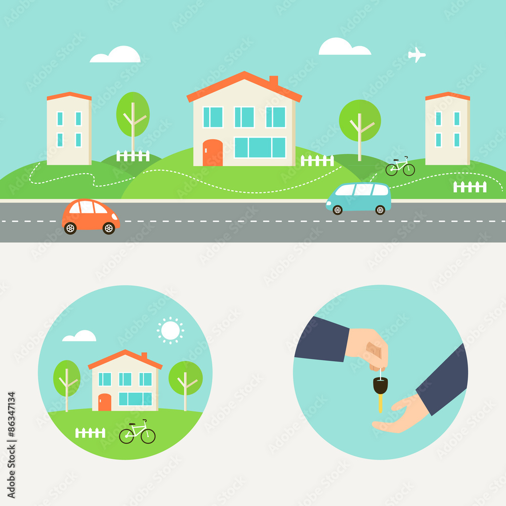 Town Street with Houses and Cars Header. Renting, Buying or Sharing Apartment Round Illustrations Town Street with Houses and Cars Header. Renting, Buying or Sharing Apartment Round Illustrations