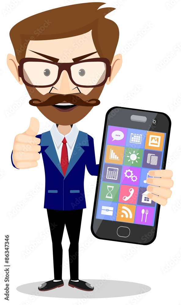 Flat cartoon hipster character - businessman with phone