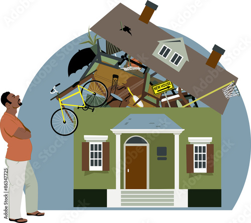 Distressed black man looking at a house bursting with stuff, vector illustration, EPS 8