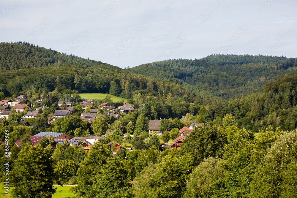 Beautiful countryside mountain landscape with a little red roof houses in village. Germany, Black forest, Schwarzwald, Seelbach.