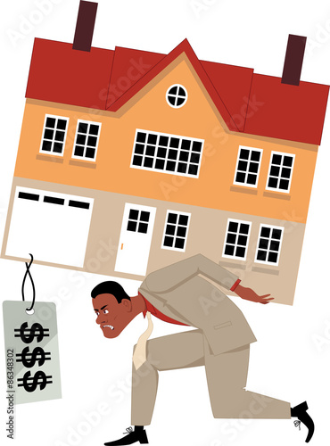 Depressed man carrying a house with a huge mortgage price tag, vector illustration, EPS 8