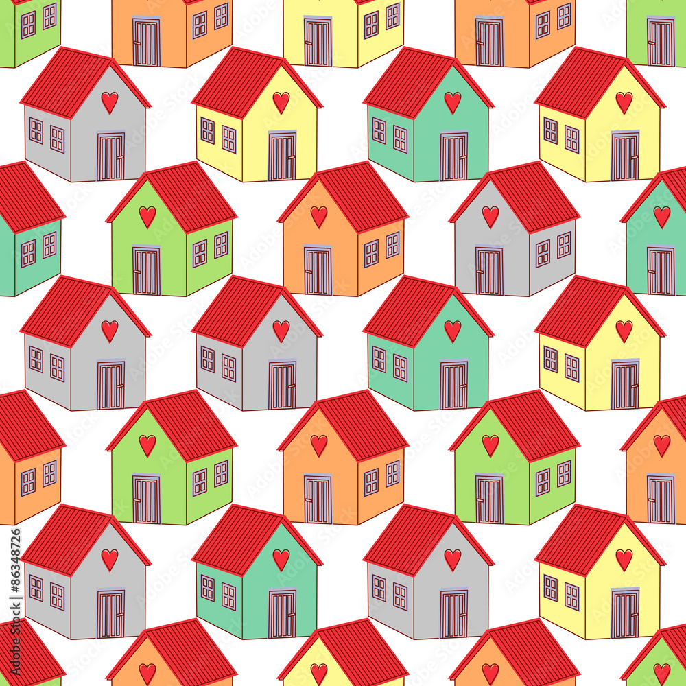 Seamless background with colorful houses. Home sweet home vector illustration. Cute child drawing style pattern. Seamless background with colorful houses. Home sweet home vector illustration. Cute child drawing style pattern.