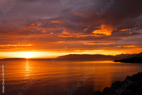 Beautiful midsummer sunset near Reykjavik in Iceland