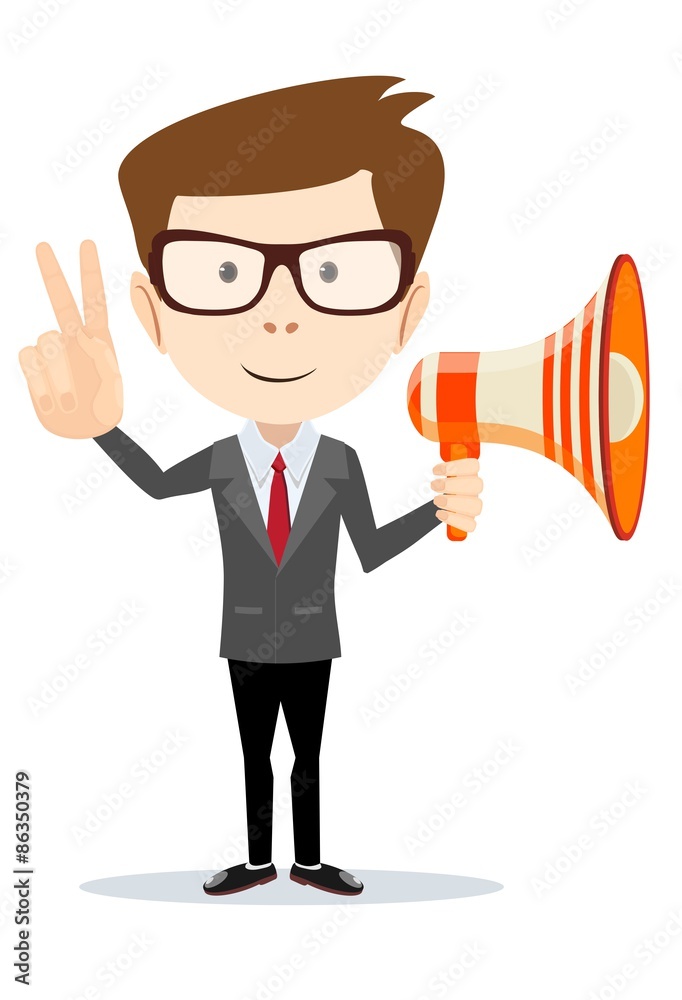 Handsome businessman shouting in loudspeaker over white Handsome businessman shouting in loudspeaker over white