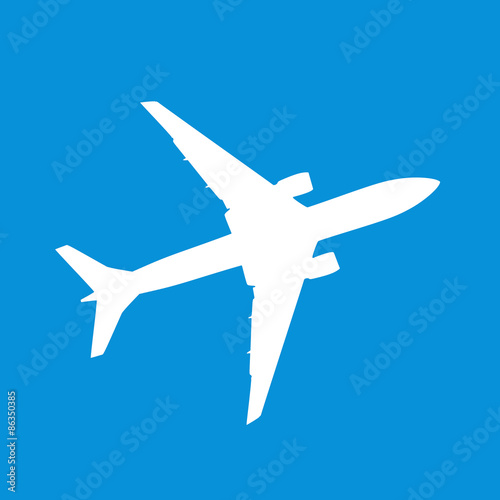 Airplane symbol on square blue background