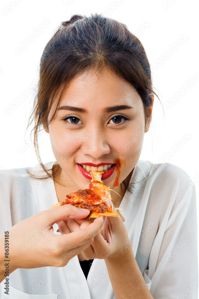 Young woman eat pizza