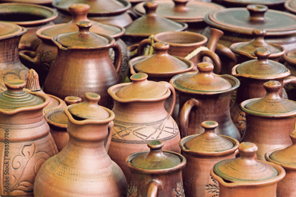 Lot of ceramics pots for sale taken closeup.