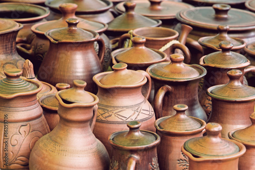 Lot of ceramics pots for sale taken closeup.