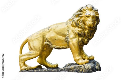 Golden lion statue isolated on white background.