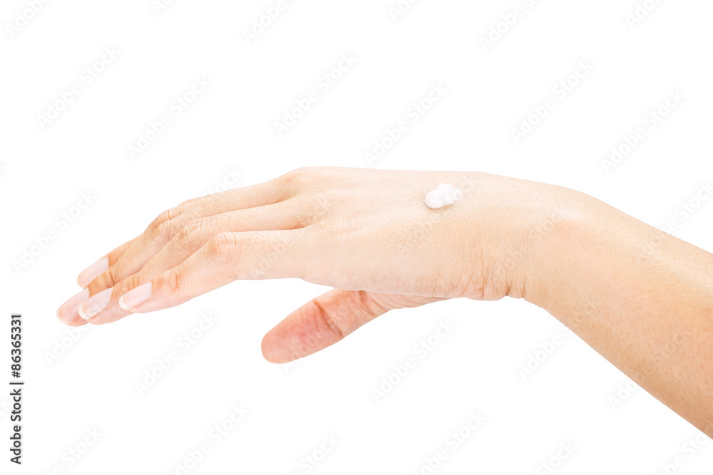 Hands Female applying moisturizer isolated on white background,B
