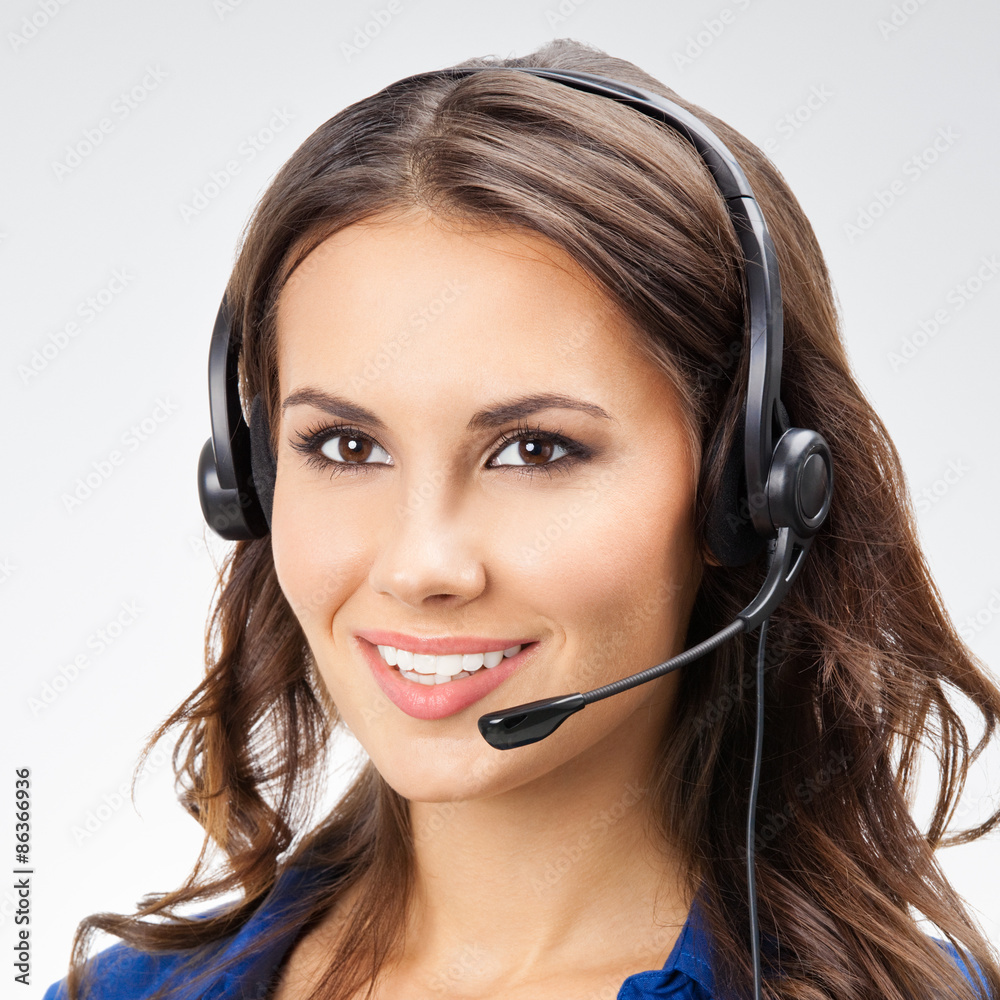 smiling young female support phone operator, with copyspace, on smiling young female support phone operator, with copyspace, on