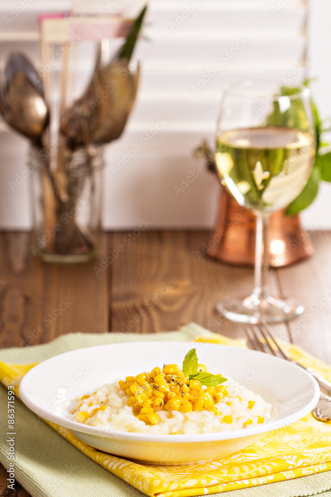 Vegan risotto with baked corn