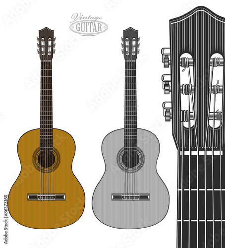  Guitar in engraving style. Vector illustration isolated grouped, transparent background

