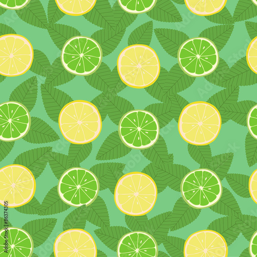 Lemon, lime and mint leaves seamless pattern