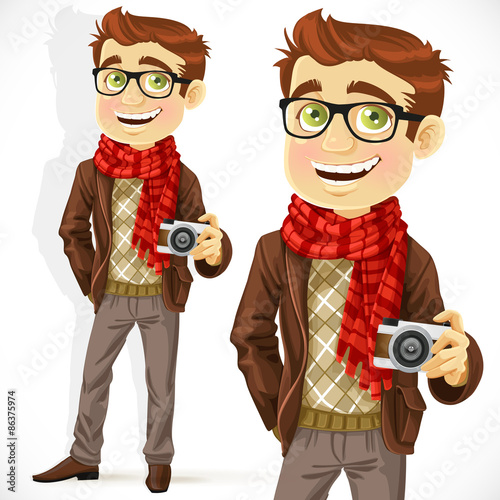Hipster guy wearing a scarf and with camera