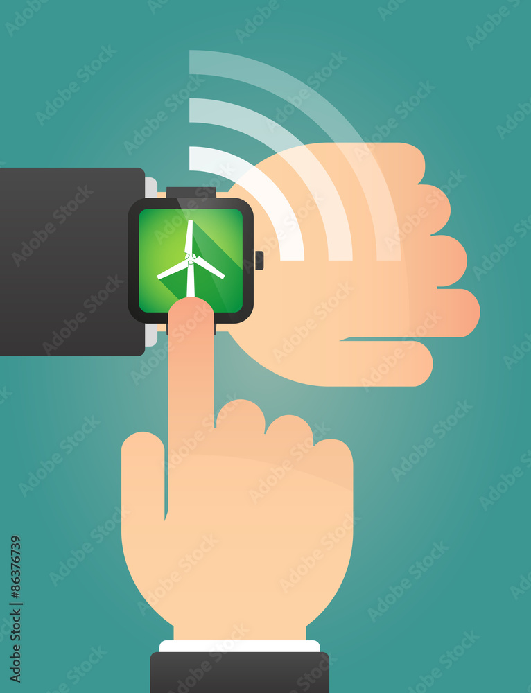 Hand pointing a smart watch with a wind generator