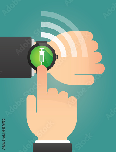 Hand pointing a smart watch with a syringe
