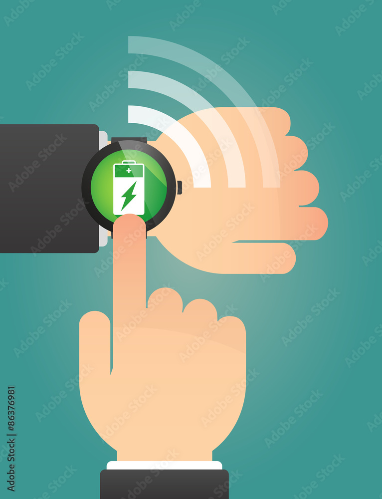 Hand pointing a smart watch with a battery Hand pointing a smart watch with a battery