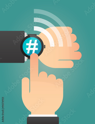 Hand pointing a smart watch with a hash tag