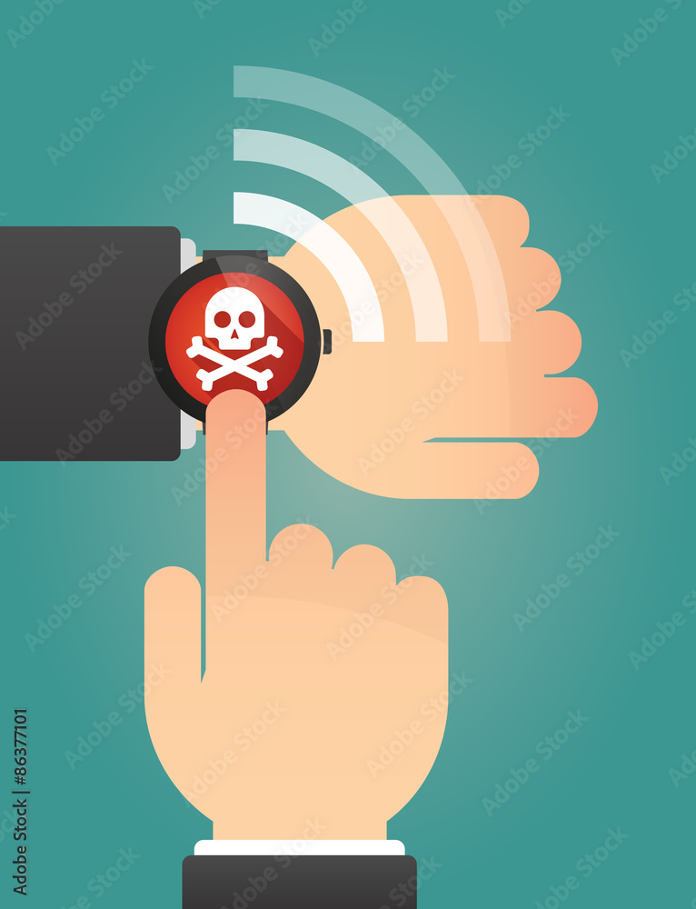 Hand pointing a smart watch with a skull Hand pointing a smart watch with a skull