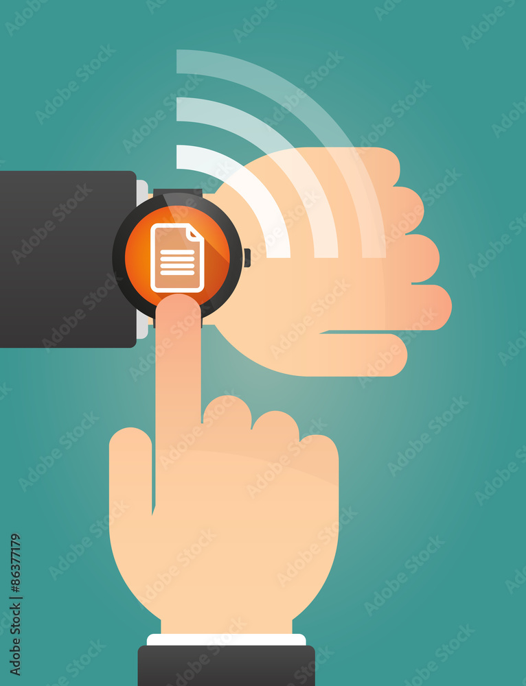 Hand pointing a smart watch with a document Hand pointing a smart watch with a document