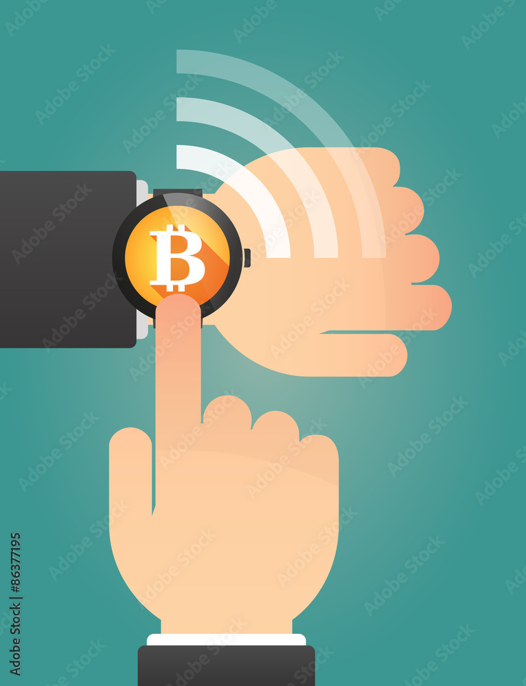 Hand pointing a smart watch with a bit coin sign Hand pointing a smart watch with a bit coin sign