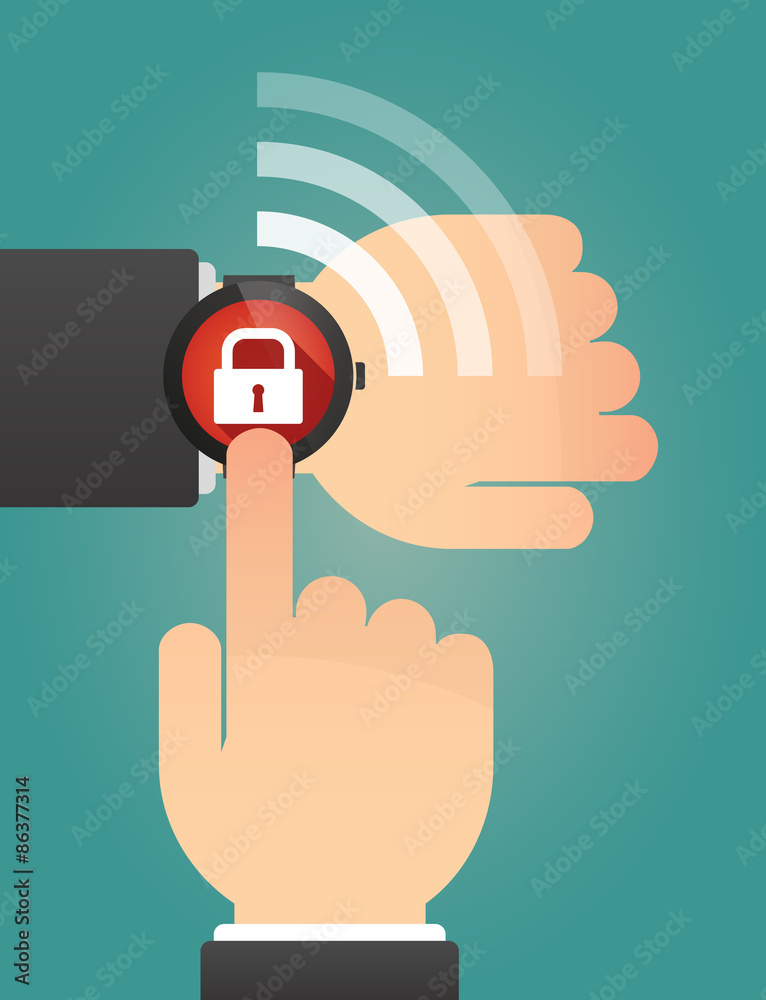 Hand pointing a smart watch with a lock pad