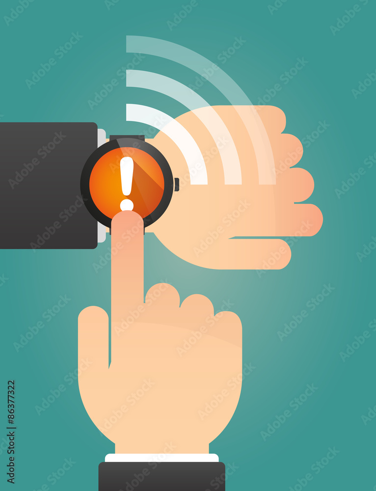 Hand pointing a smart watch with an exclamarion sign
