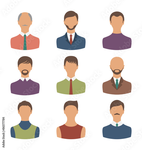 Avatars set front portrait of males isolated on white background