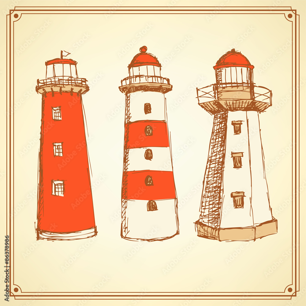 Sketch cute lighthouse in vintage style
