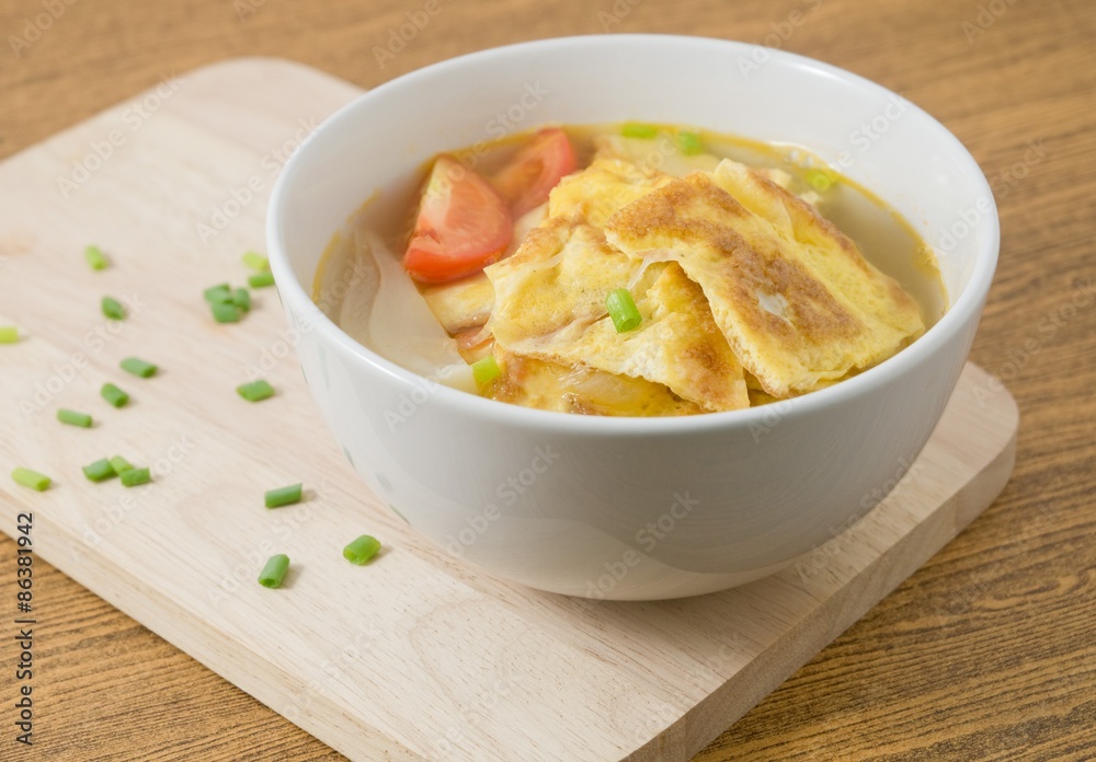 Thai Omelet Soup with Tomatoes and Chopped Scallion Thai Omelet Soup with Tomatoes and Chopped Scallion
