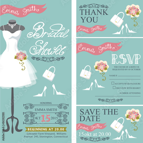 Bridal shower invitation.Bridal dress,bouquet,accessories set