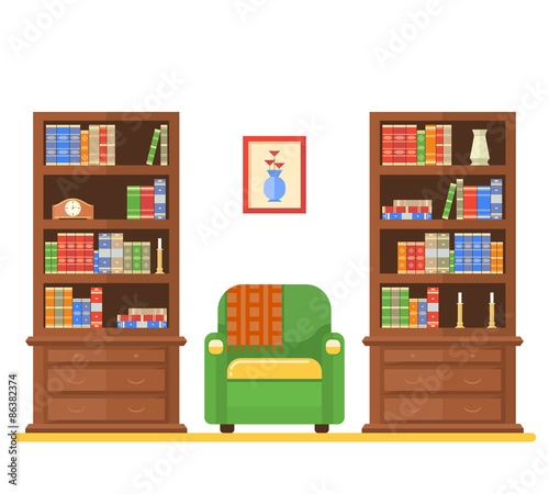 room interior with two bookcases and armchair