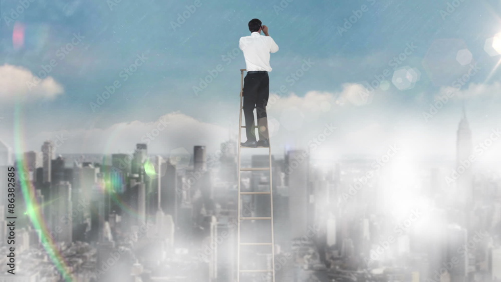 Businessman on ladder looking at skyscraper with binoculars 