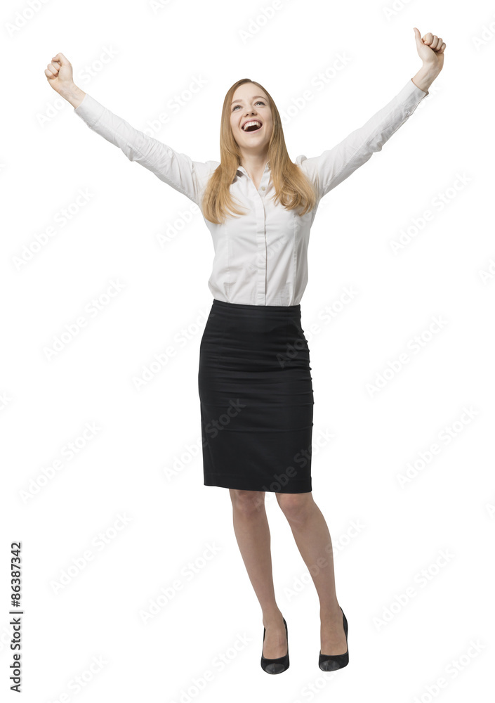Full-length of happy business lady. Hands up. Isolated on white background. Full-length of happy business lady. Hands up. Isolated on white background.