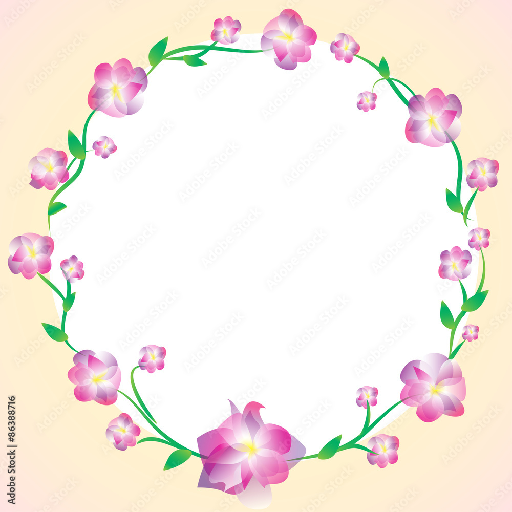 Sakura circlet with leaves on peach-colored background